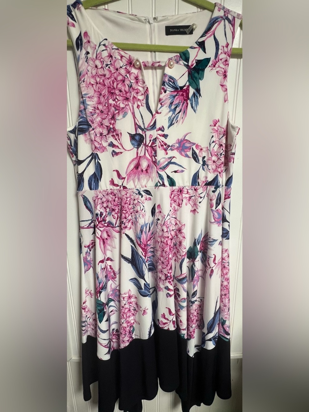 Ivanka Trump Dress SZ XL Pink Floral Print Fully Lined Black Geometric Block Hem